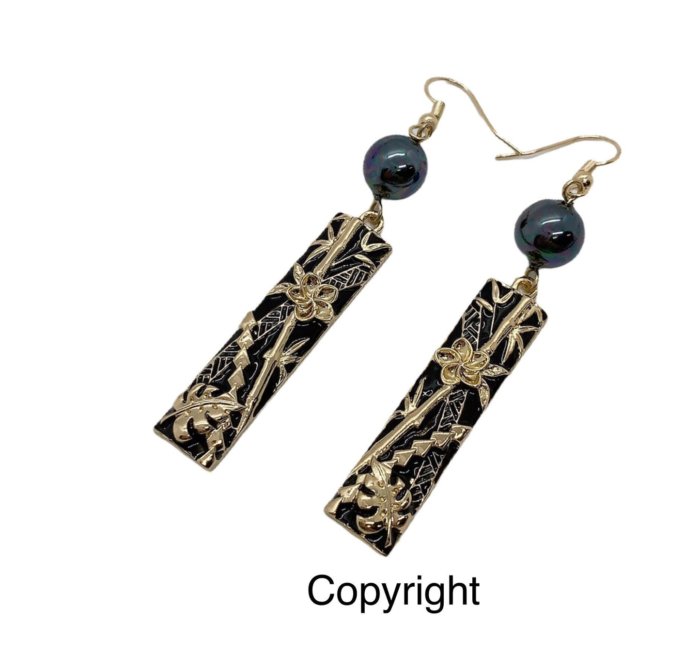 Hawaiian Bamboo Monstera Leaf Plumeria Flower Black Enamel Bar : Hamilton Gold Earring with Shell Pearls