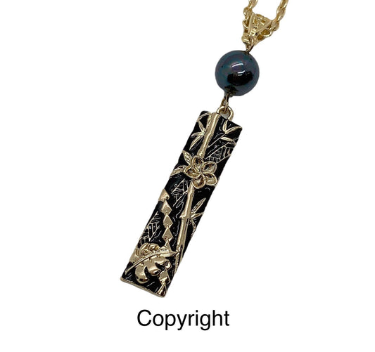 Hawaiian Bamboo Monstera Leaf Plumeria Flower Black Enamel Bar : Hamilton Gold Necklace with Shell Pearls