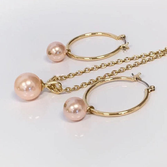 Pink Shell Pearl Hoop Earring and Shell Pearl Pendant with Chain