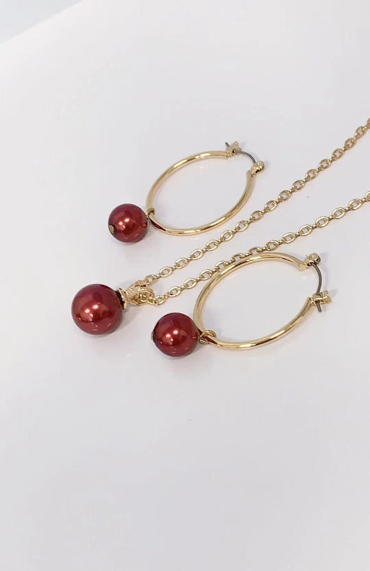 Red Shell Pearl Hoop Earring and Shell Pearl Pendant with Chain