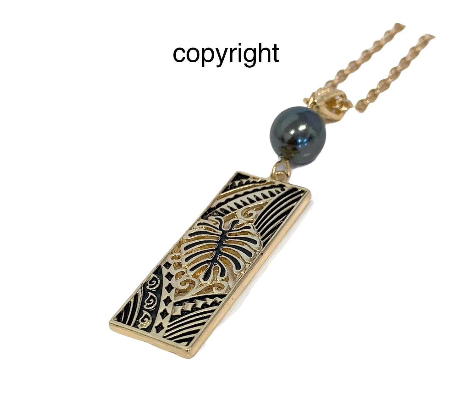 Monstera Leaf Black Enamel with Shell Pearl Hamilton Gold Necklace