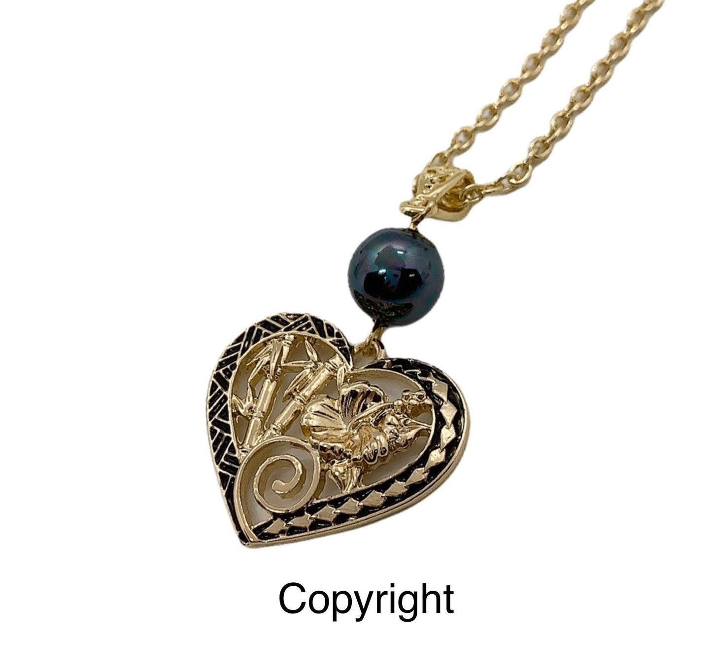 Black Enamel Heart with Bamboo and Hibiscus Flowers: Hamilton Gold Necklace with Shell Pearls