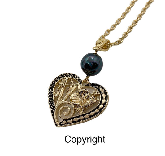 Black Enamel Heart with Bamboo and Hibiscus Flowers: Hamilton Gold Necklace with Shell Pearls