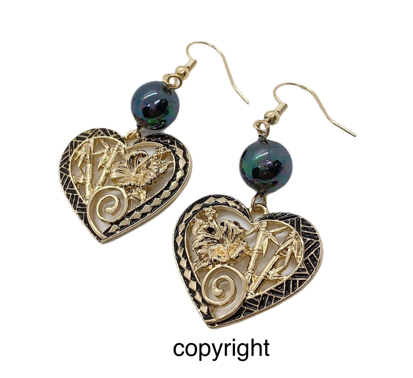 Black Enamel Heart with Bamboo and Hibiscus Flowers: Hamilton Gold Earring with Shell Pearls