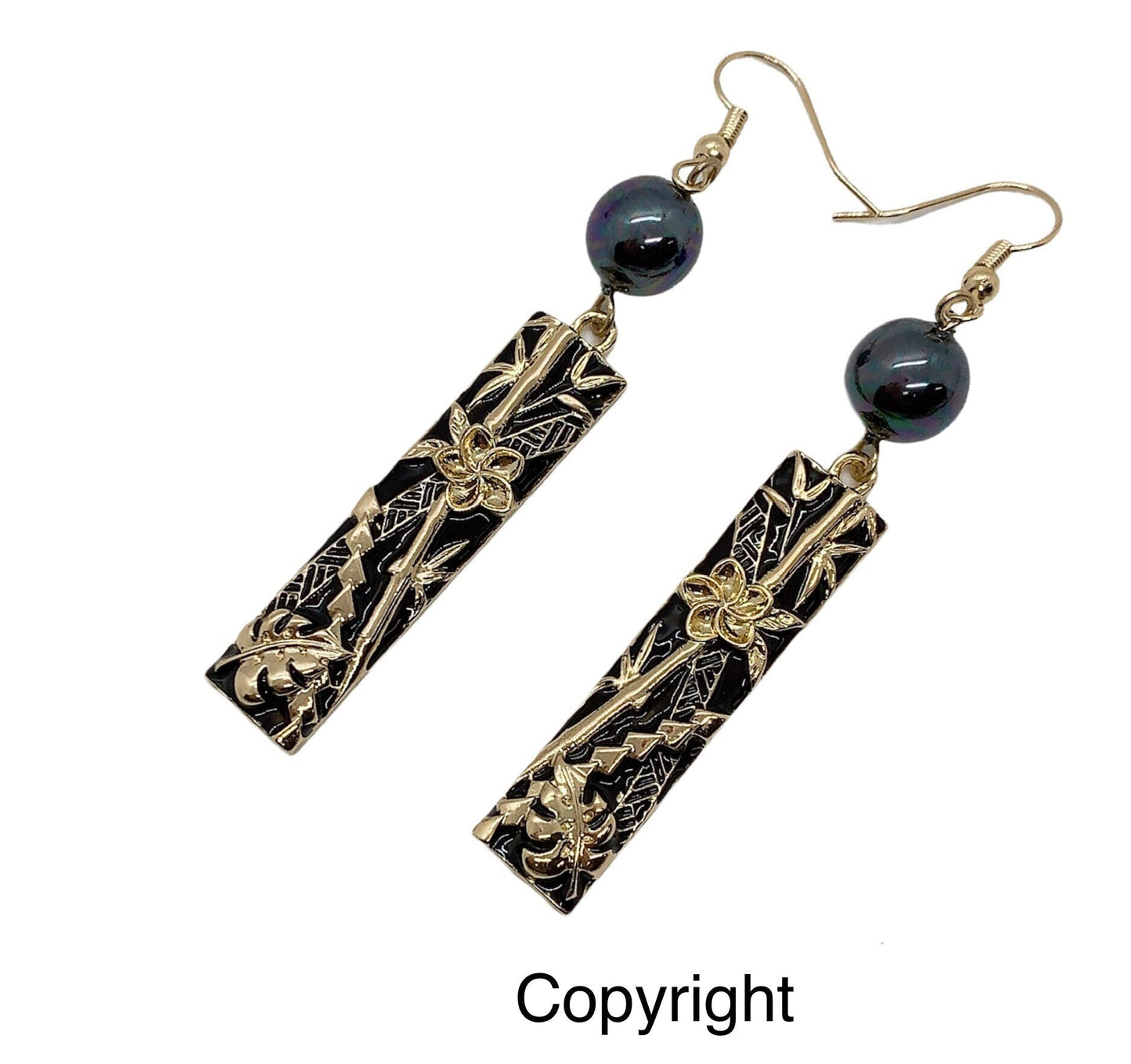 Hawaiian Bamboo Monstera Leaf Plumeria Flower Black Enamel Bar : Hamilton Gold Earring with Shell Pearls