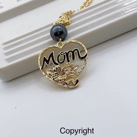 Mom Heart with Hibiscus Flower : Hamilton Gold Necklace with Shell Pearl