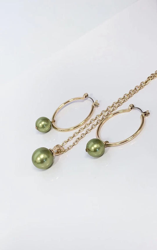 Pistachio Green Shell Pearl Hoop Earring and Shell Pearl Pendant with Chain