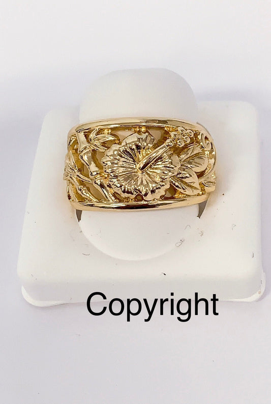 Hawaiian Hamilton Gold Bamboo Hibiscus Flower Ring