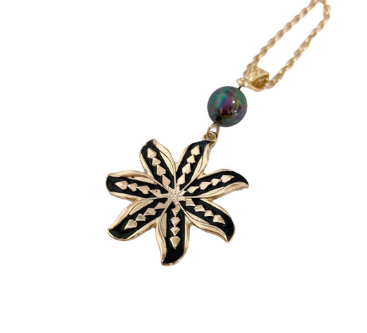 Hawaiian Tribal Design with Tiare Flower: Hamilton Gold Necklace with Rainbow Shell Pearls