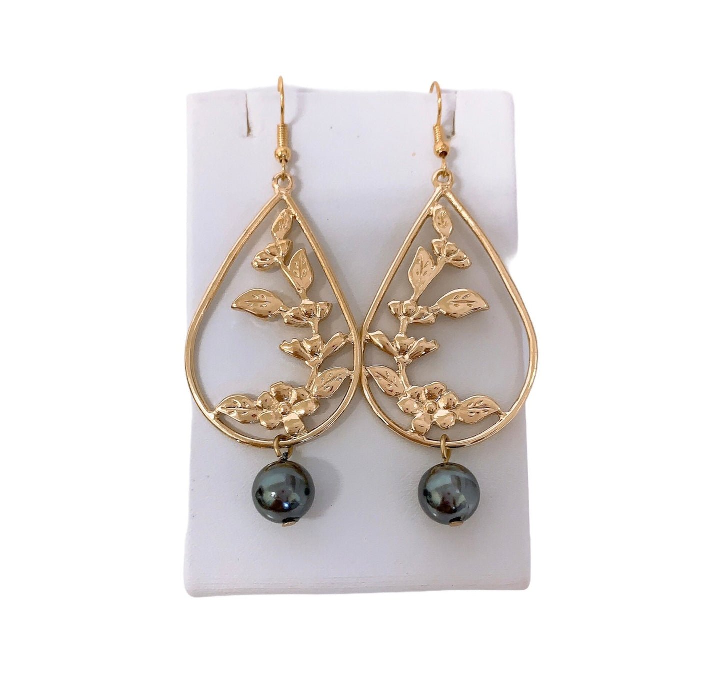 Tropical Flower Teardrop : Hamilton Gold Earring with  Shell Pearls