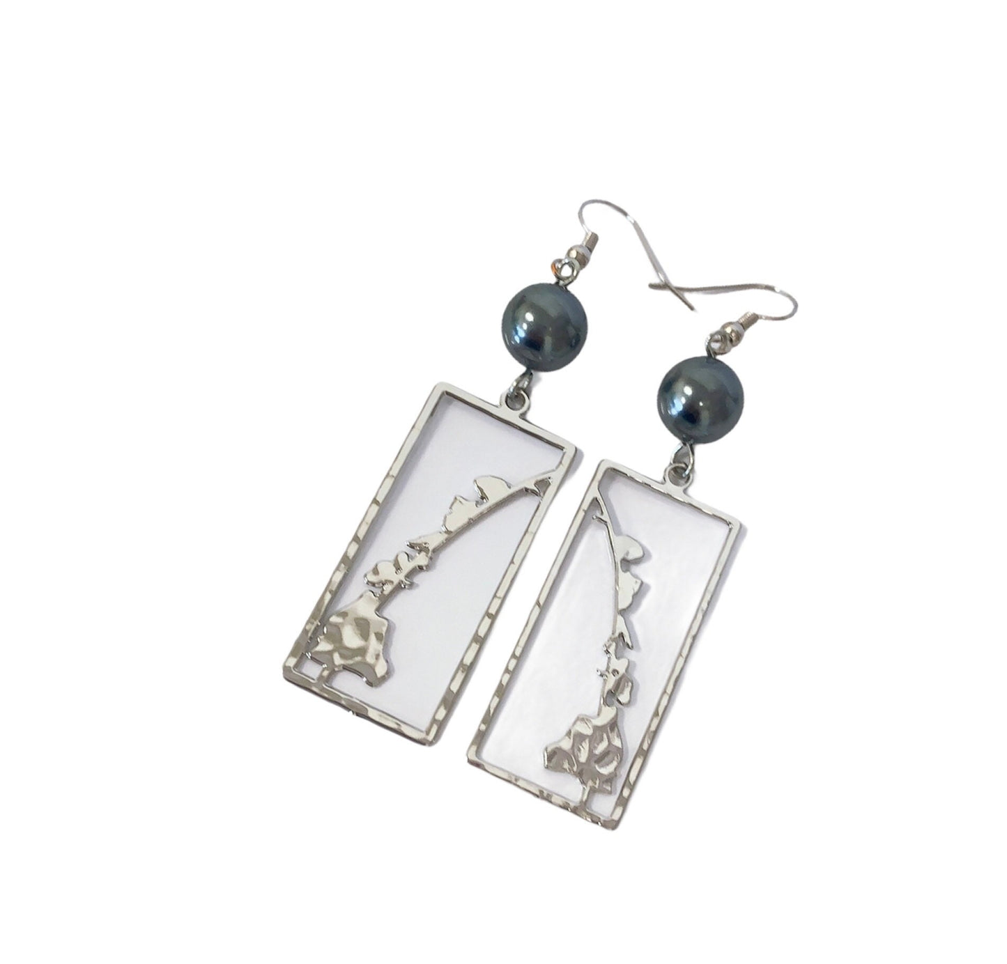 Hawaiian Islands State Rectangle Design : Hamilton Silver Earring with Shell Pearls