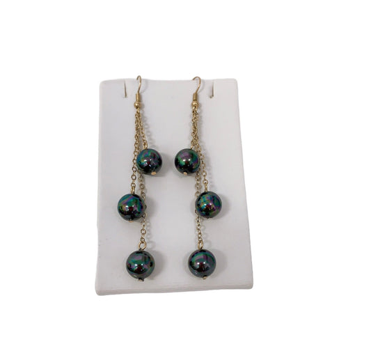 Triple drop: Hamilton Gold Earring with Peacock Black Color Shell Pearls