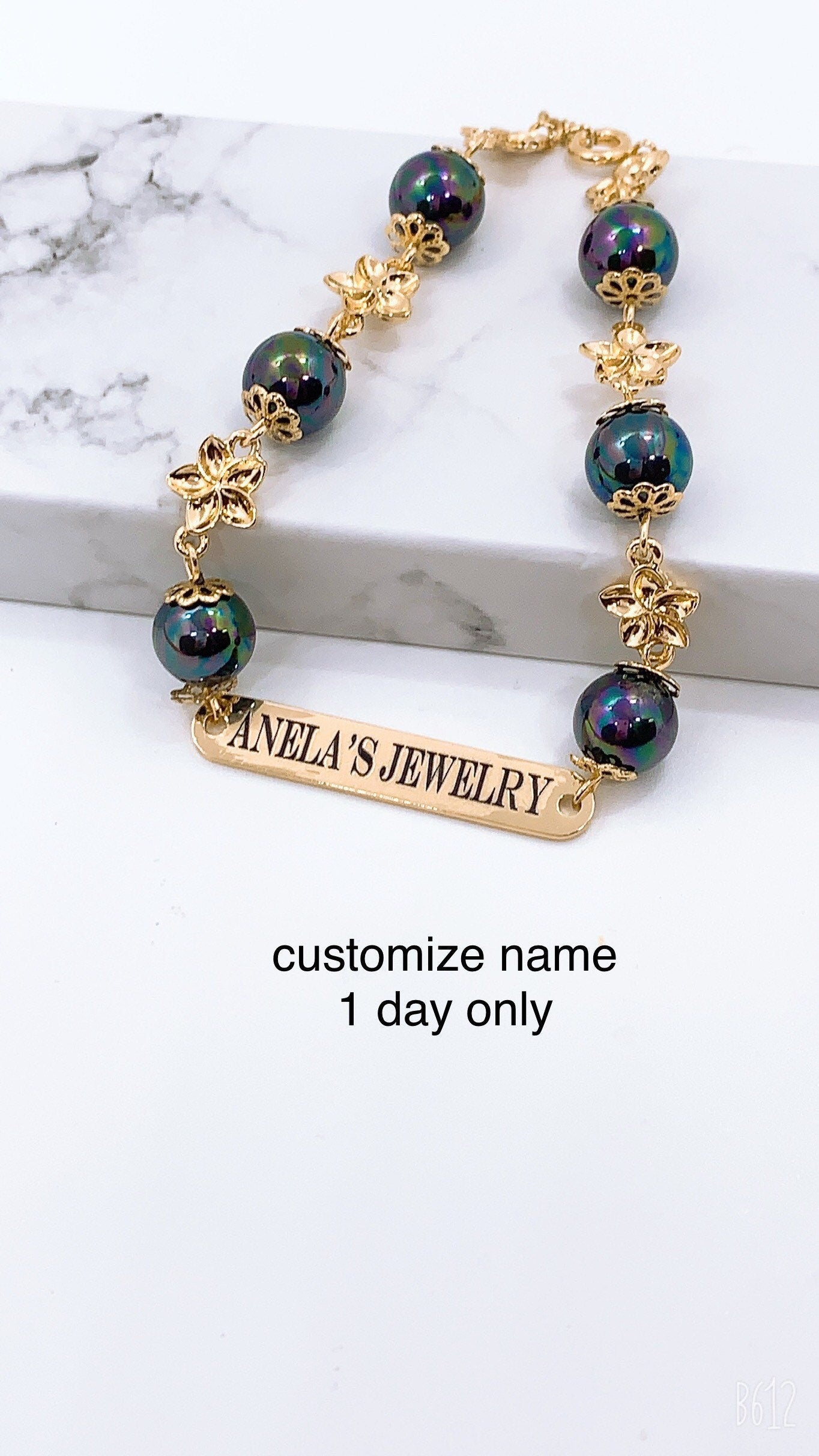 Customize Name Plate Plumeria Flower and Shell Pearl Bracelet Personalized : Hamilton Gold