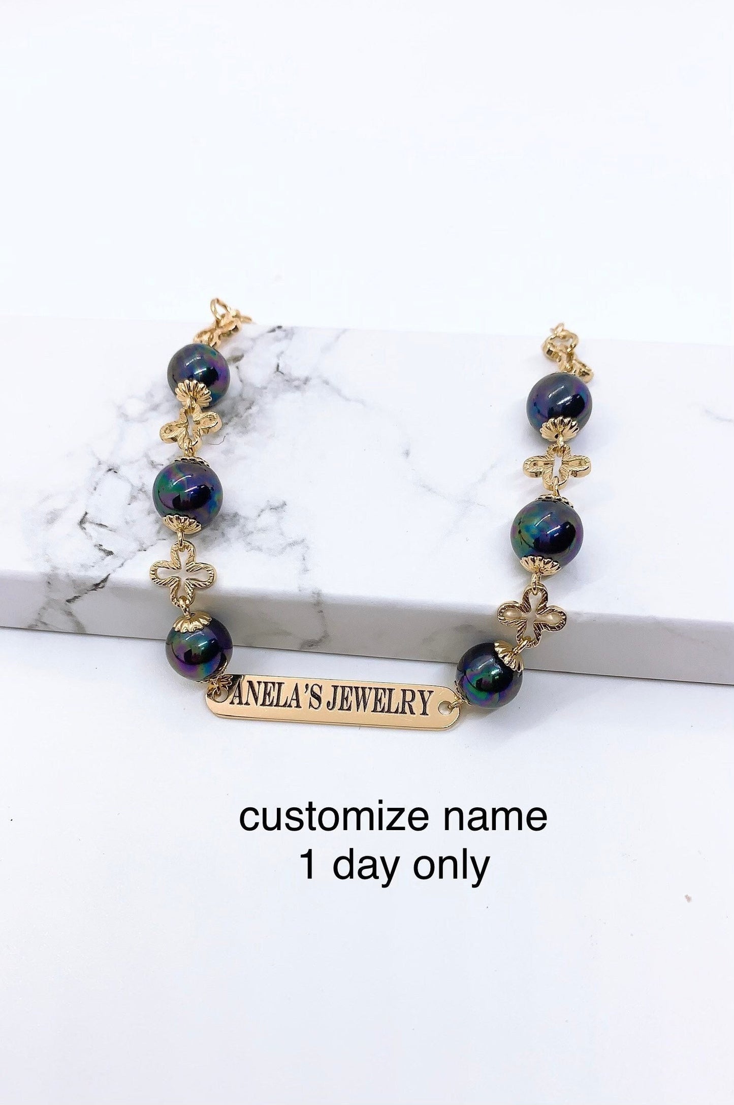 Customize Name Plate Flower and Shell Pearl Bracelet Personalized : Hamilton Gold