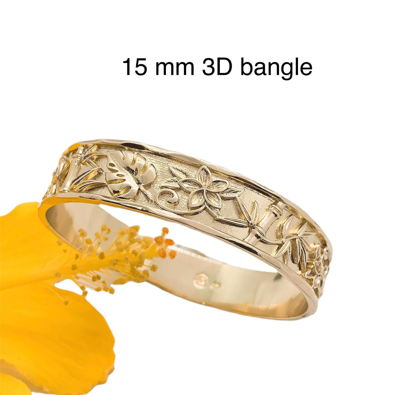 15MM Hawaiian 3D Bamboo Plumeria Flower and Monstera Leaf Hamilton Gold Bracelet