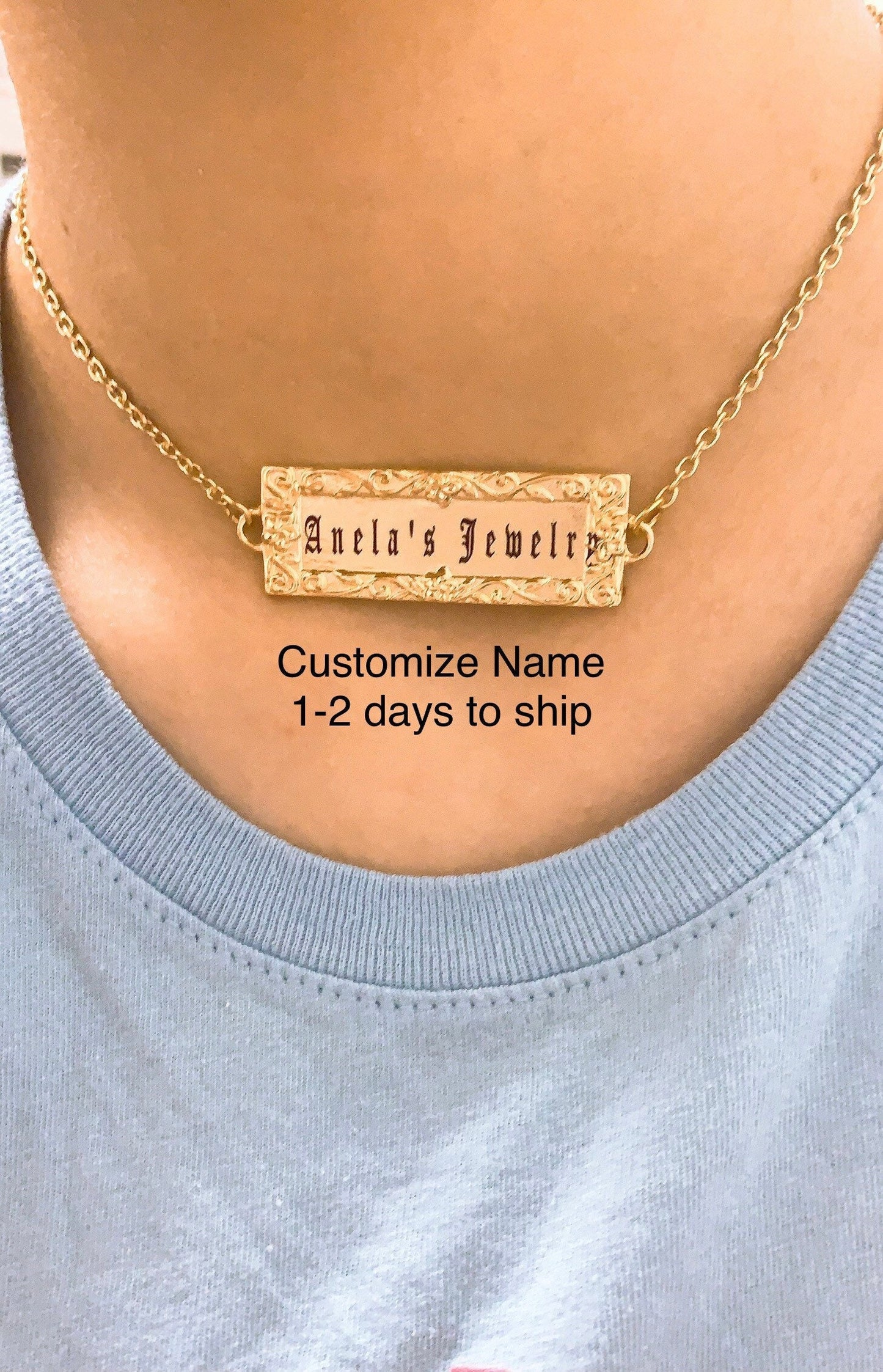 Customize Name Hawaiian Jewelry Plumeria Flower Personalized Plate Necklace : Hamilton Gold