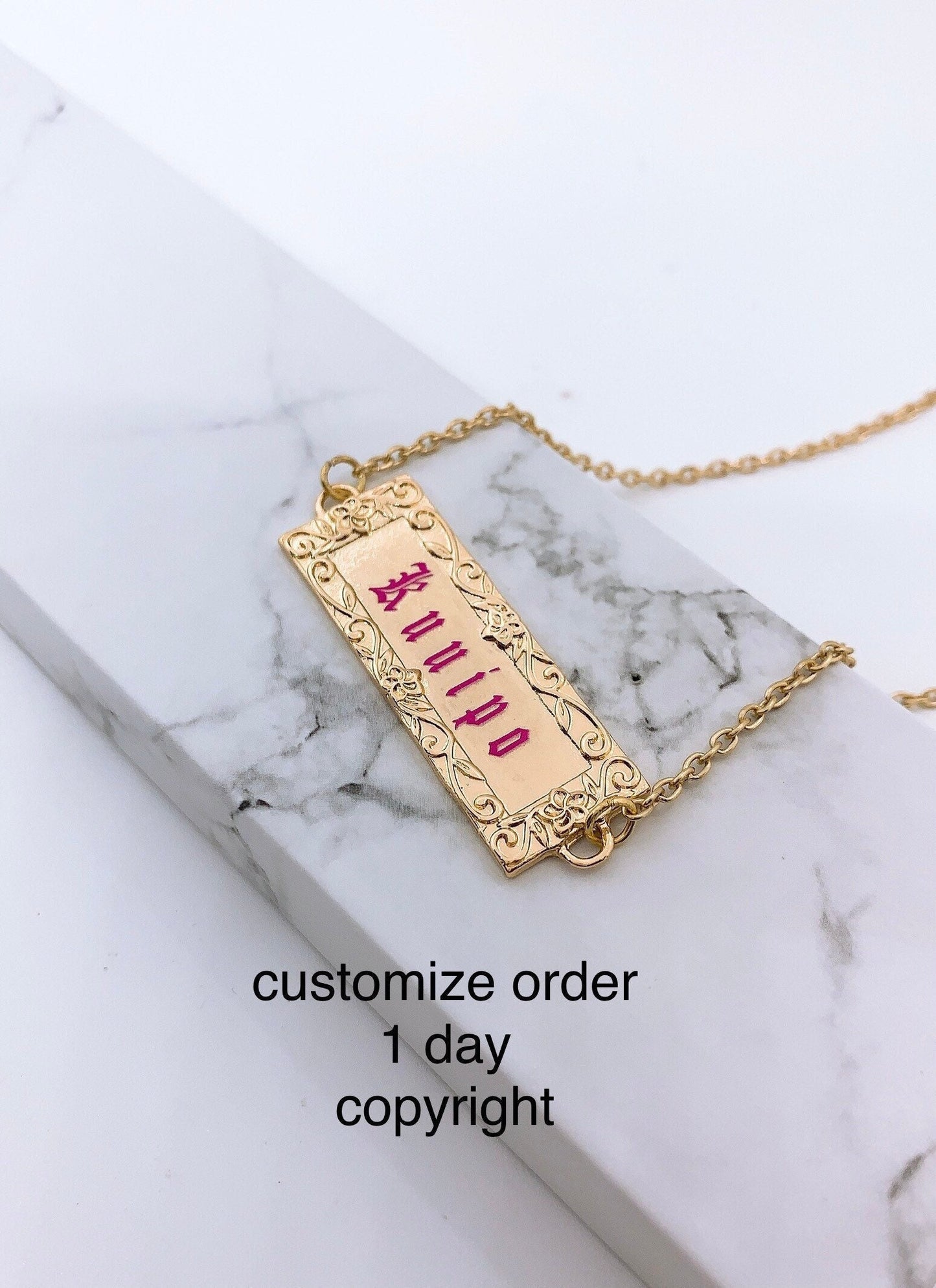 Hawaiian Jewelry Plumeria Flower Personalized Magenta Color Letter Customize Name Plate Necklace : Hamilton Gold