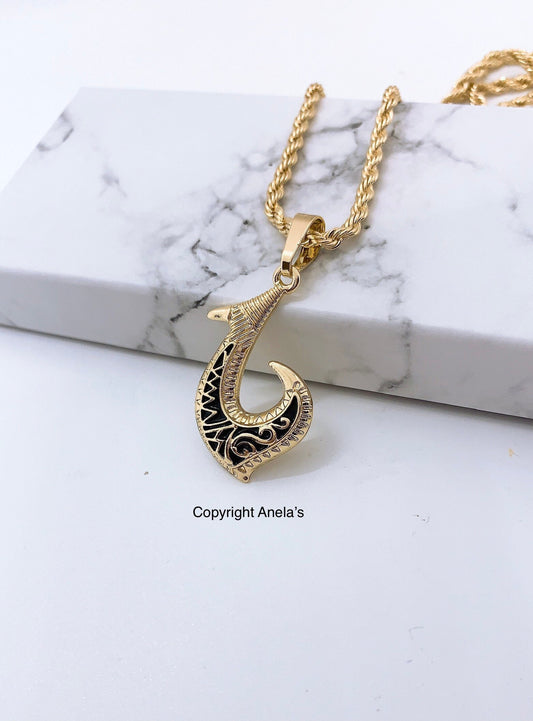 Hawaiian Black Enamel Fish Hook with Rope Chain Hamilton Gold Necklace