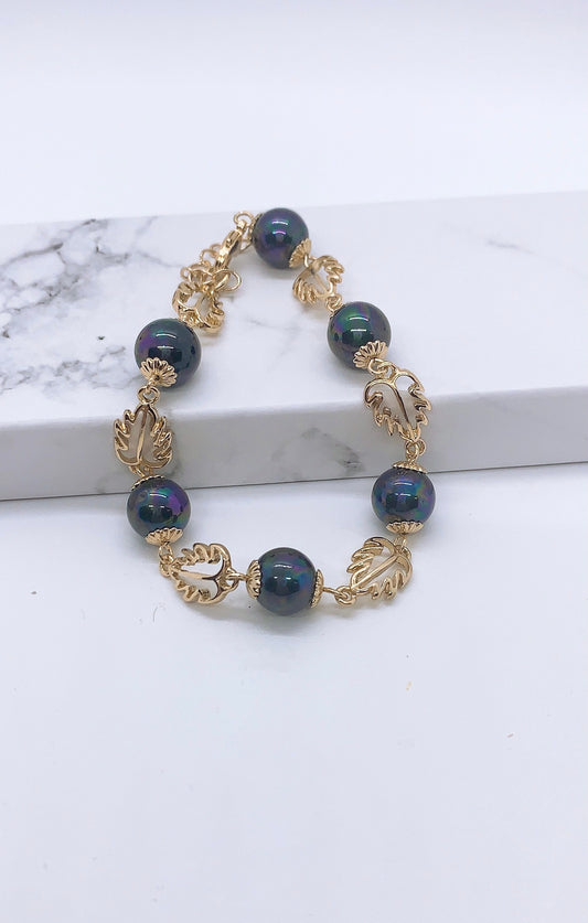 Wire New Rainbow Shell Pearl Hamilton Gold leaf Bracelet