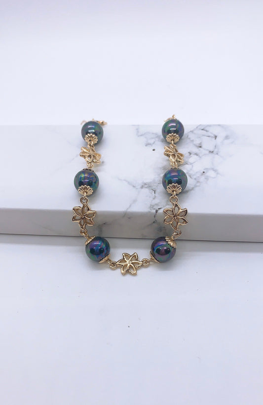 Wire New Rainbow Shell Pearl Hamilton Gold Tiare Flower Bracelet