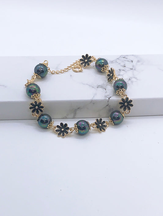 Black Enamel Flower Peacock Shell Pearl Hamilton Gold Bracelet