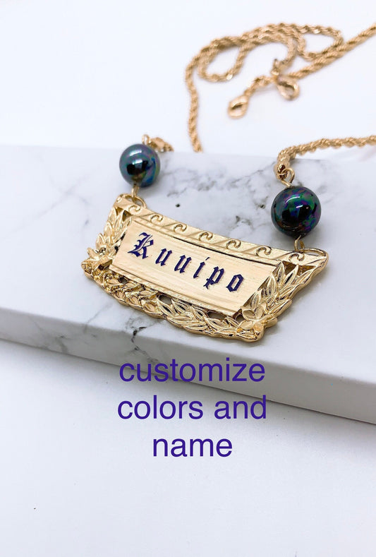 Hawaiian Jewelry Plumeria Maile Personalized Blue Color Letter Customize Name Plate Necklace Hamilton Gold withShell Pearl