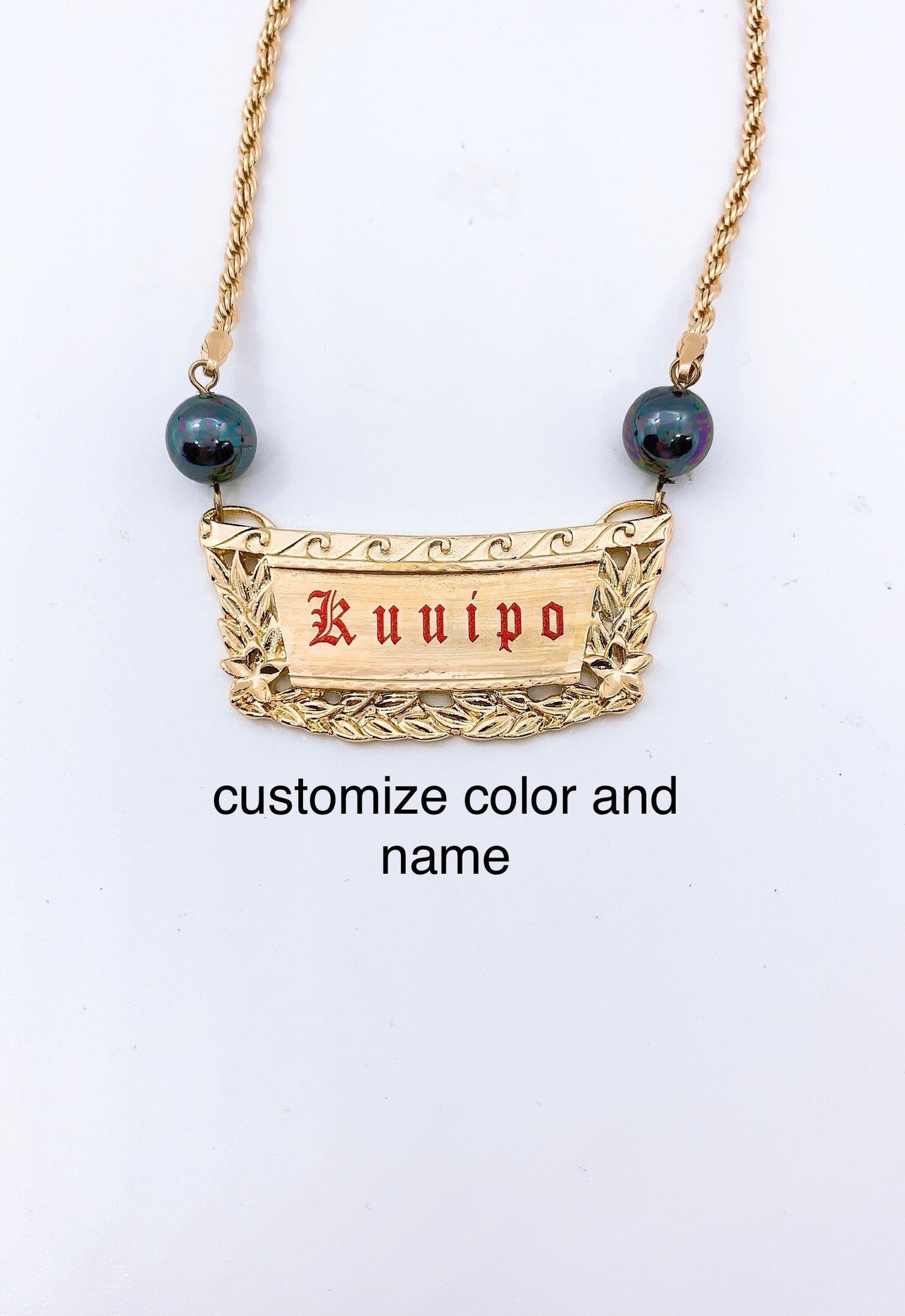 Hawaiian Jewelry Plumeria Maile Personalized Red Color Letter Customize Name Plate Necklace :Hamilton Gold with Shell Pearls