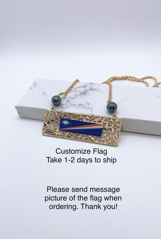 Flag Personalized Customize Plate Necklace : Hamilton Gold with Shell Pearls