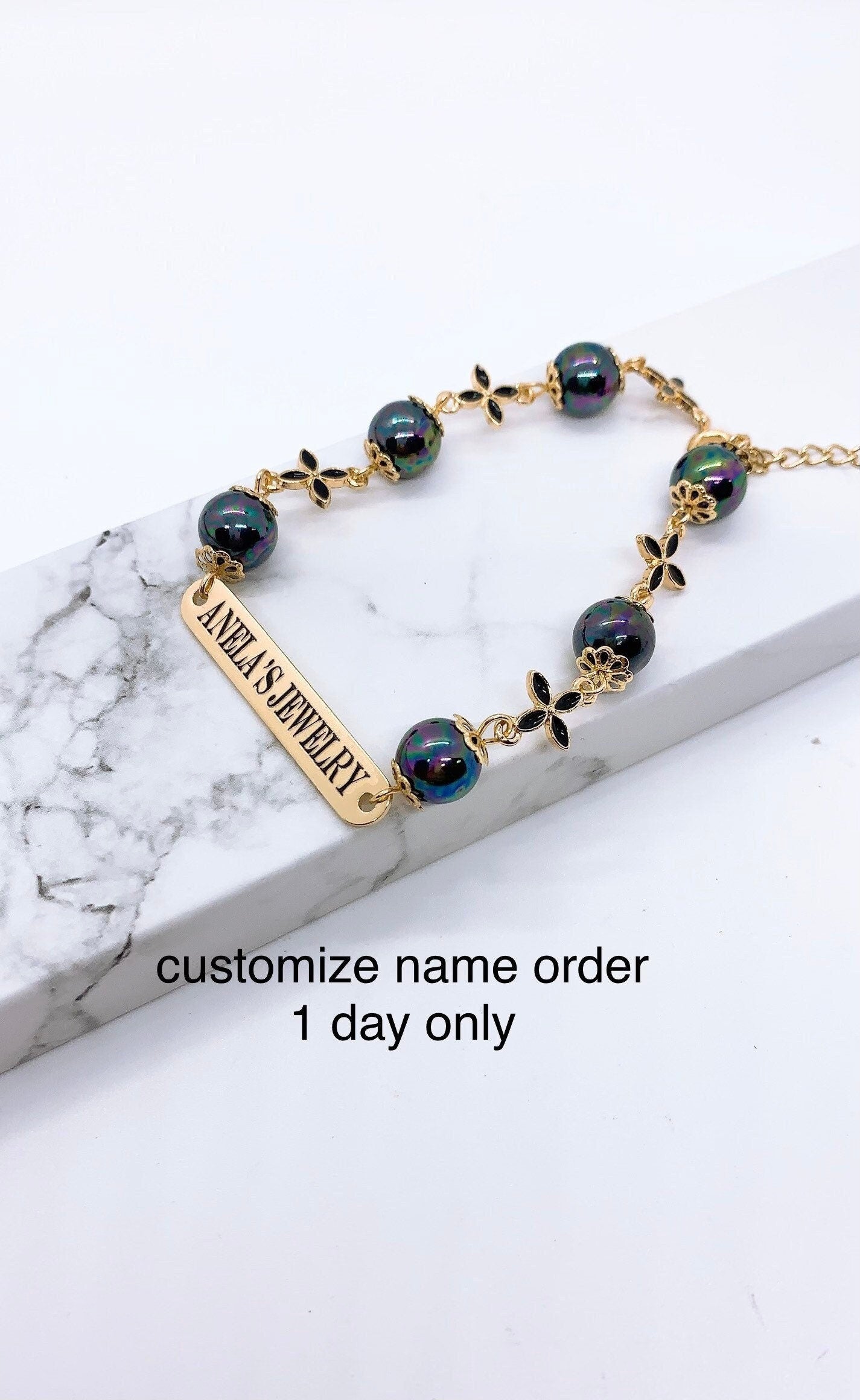 Customize Name Plate Flower and Shell Pearl Bracelet Personalize: Hamilton Gold