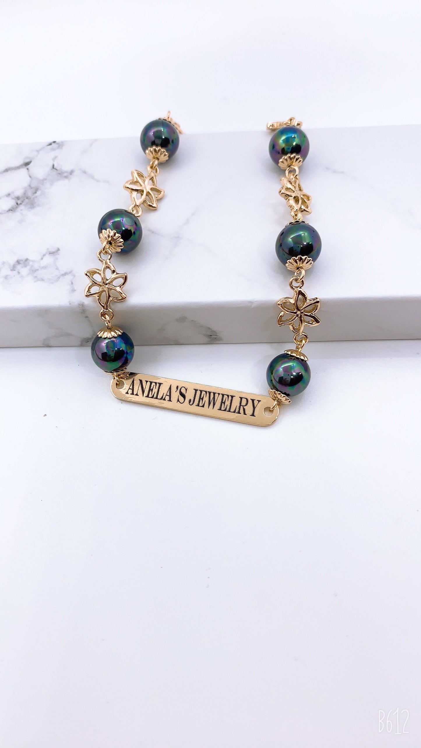 Customize Name Plate Tiare Flower Shell Pearl Bracelet Personalized : Hamilton Gold