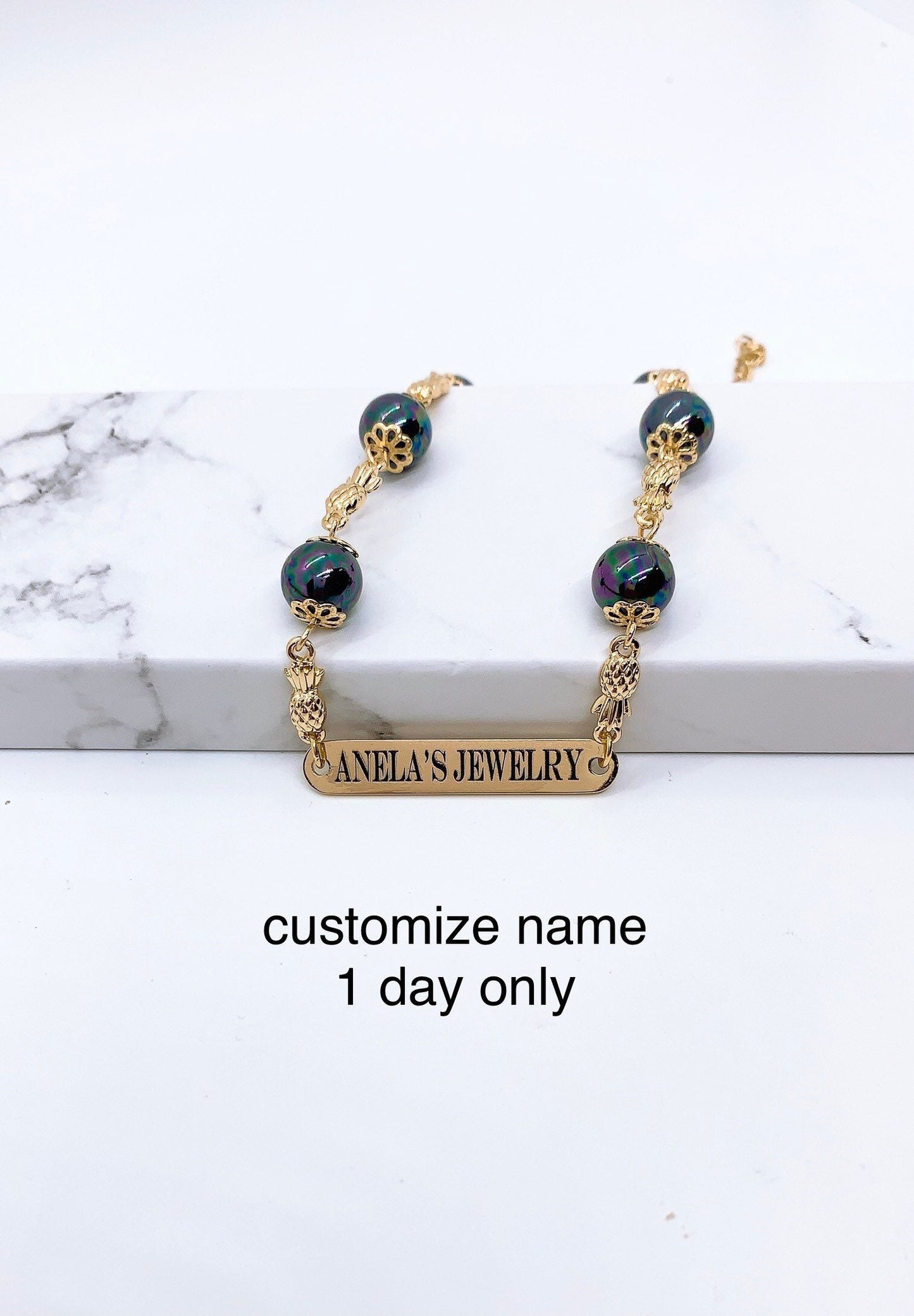 Customize Name Plate Pineapple and Shell Pearl Bracelet Personalized : Hamilton Gold