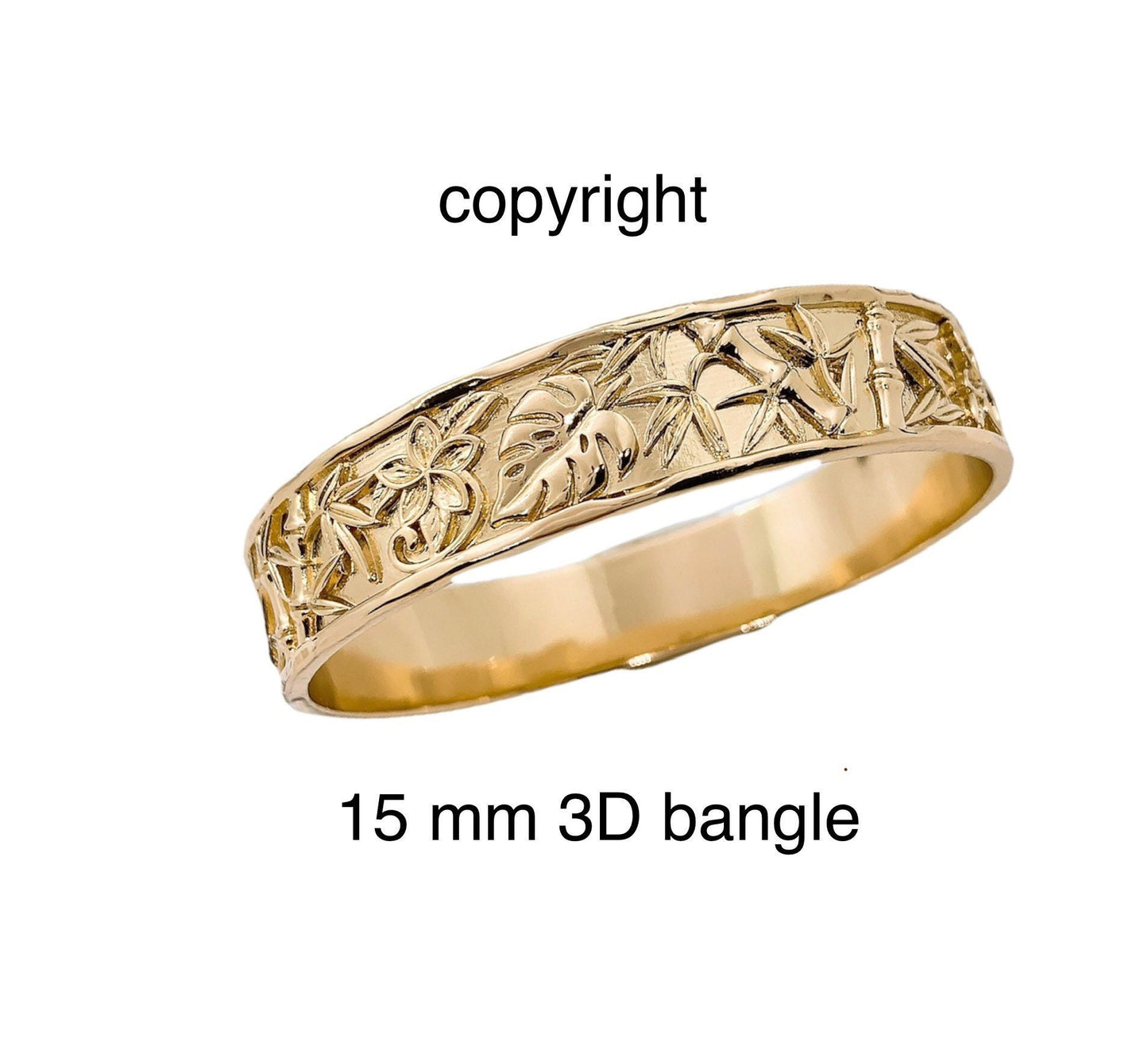 15MM Hawaiian 3D Bamboo Plumeria Flower and Monstera Leaf Hamilton Gold Bracelet