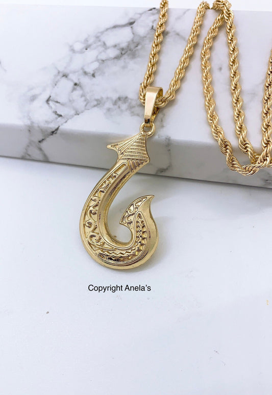 Hawaiian Fish Hook with Rope Chain Hamilton Gold Necklace