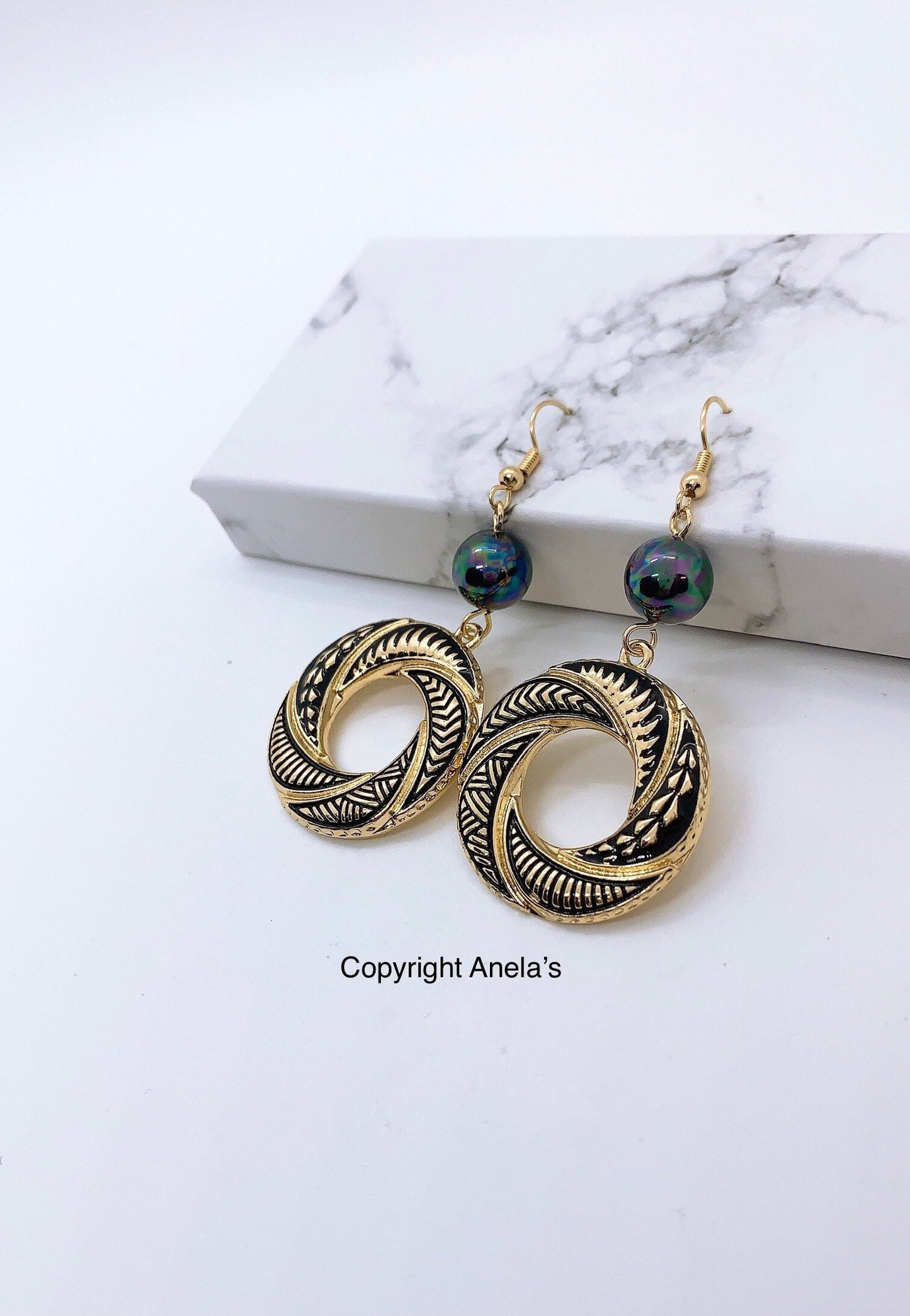 Tribal Black Enamel Circle: Hamilton Gold Earring with  Shell Pearls