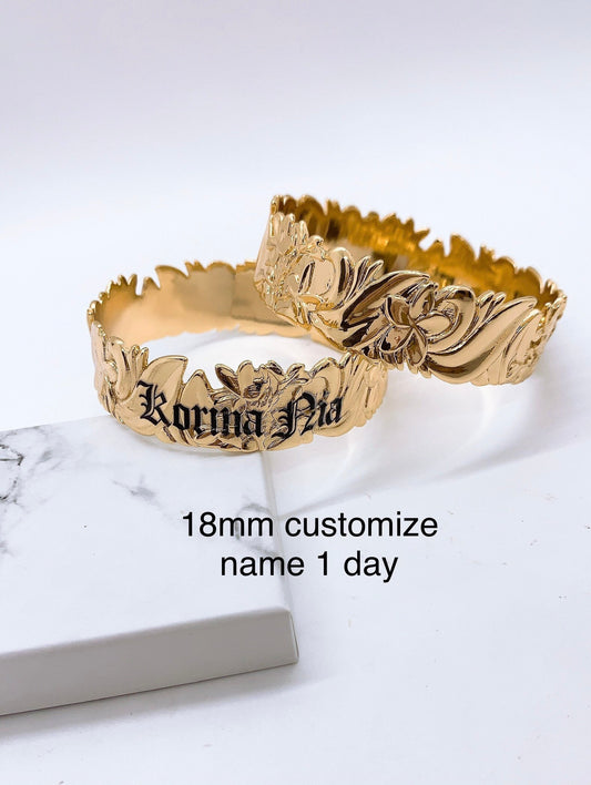 Customize Name 18mm Plumeria Flower Hawaiian Hamilton Gold Bangle