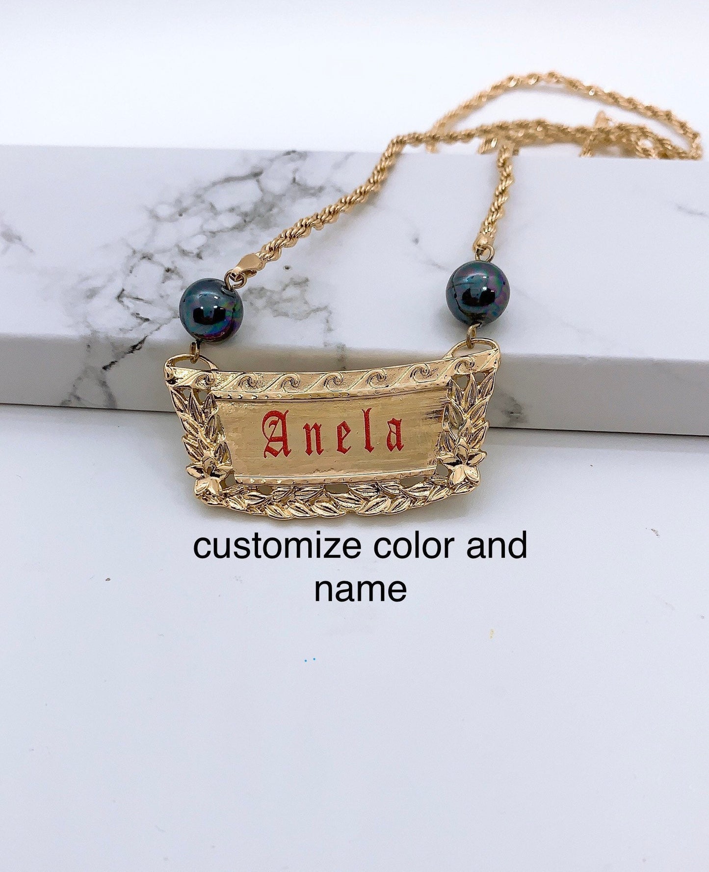 Hawaiian Jewelry Plumeria Maile Personalized Red Color Letter Customize Name Plate Necklace :Hamilton Gold with Shell Pearls