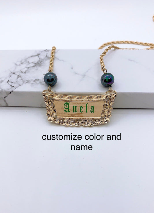 Hawaiian Jewelry Plumeria Maile Personalized Green Color Letter Customize Name Plate Necklace Hamilton Gold with Shell Pearl