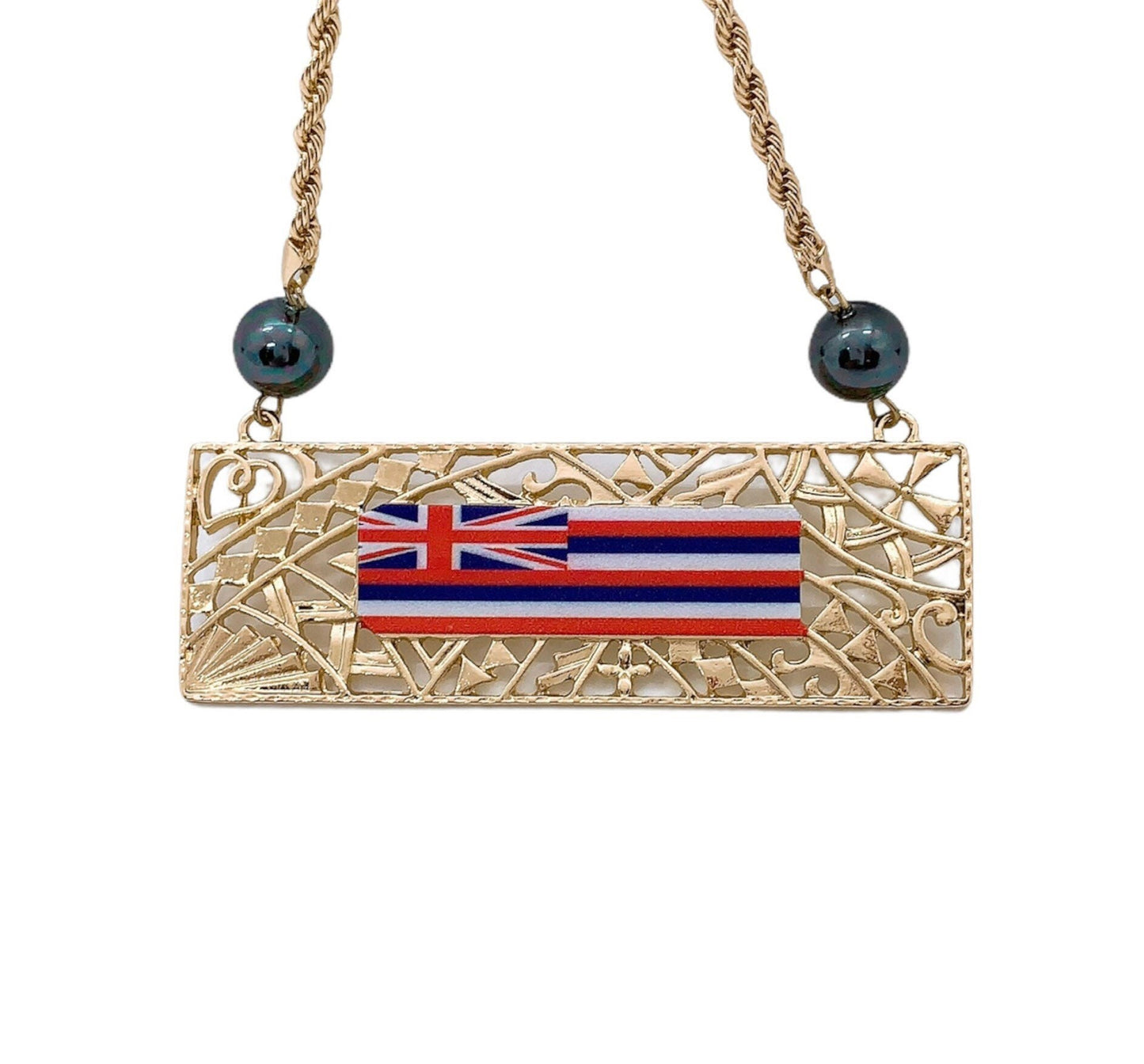 Flag Personalized Customize Plate Necklace : Hamilton Gold with Shell Pearls