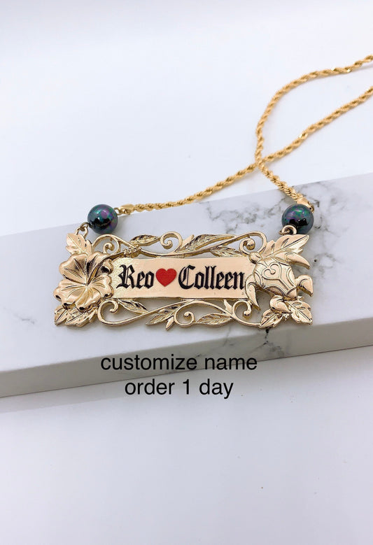 Hawaiian Jewelry Hibiscus and Honu (Sea Turtle) Personalized Customize Name Plate Necklace Hamilton Gold with Shell Pearl 18inChain w/3inExt