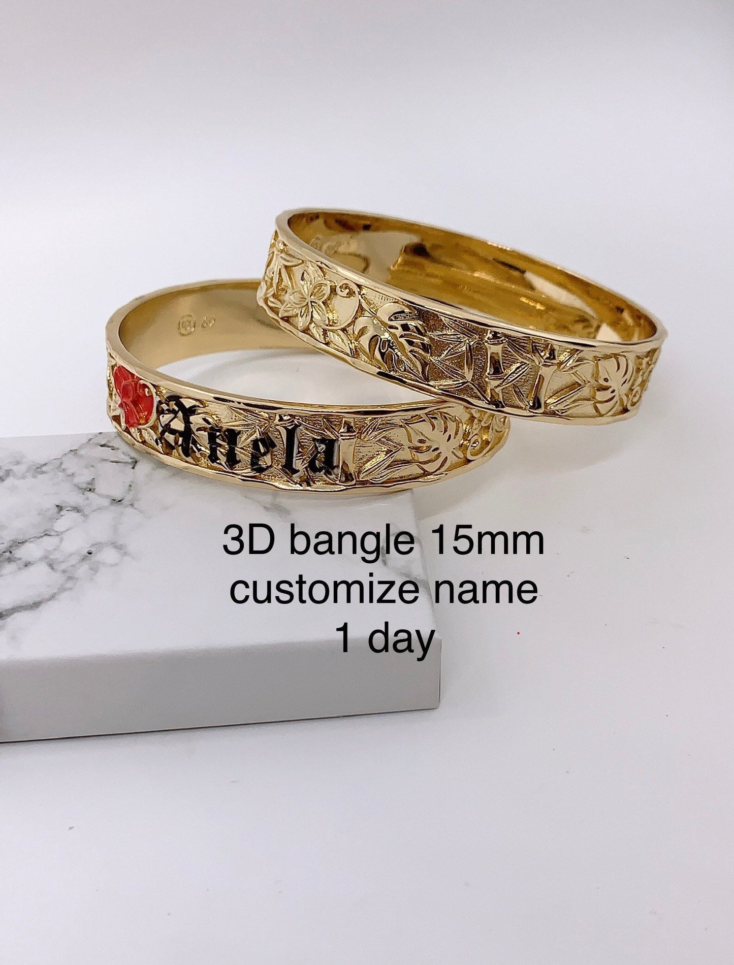 Customize Name 15MM 3D Hawaiian Bamboo Plumeria Hamilton Gold Bangle price per bangle