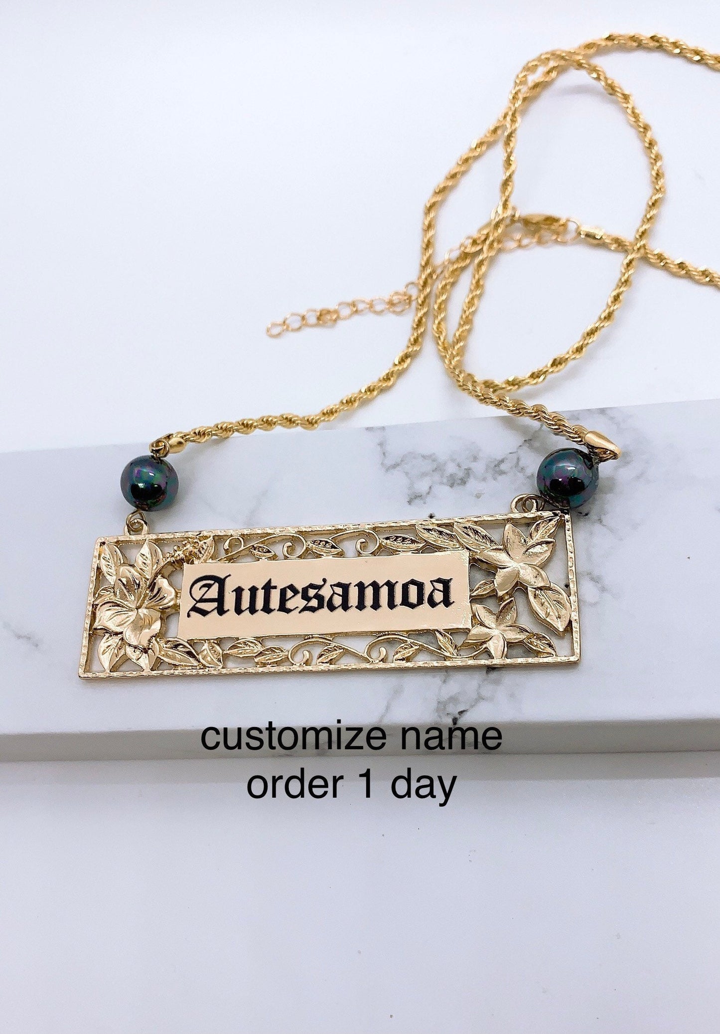 Hawaiian Jewelry Hibiscus and Plumeria Personalized Customize Name Plate Necklace Hamilton Gold Shell Pearl 18in Rope Chain w/3in Extension