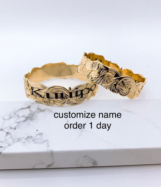 Customize Name 20mm Hibiscus Hawaiian Hamilton Gold Bangle