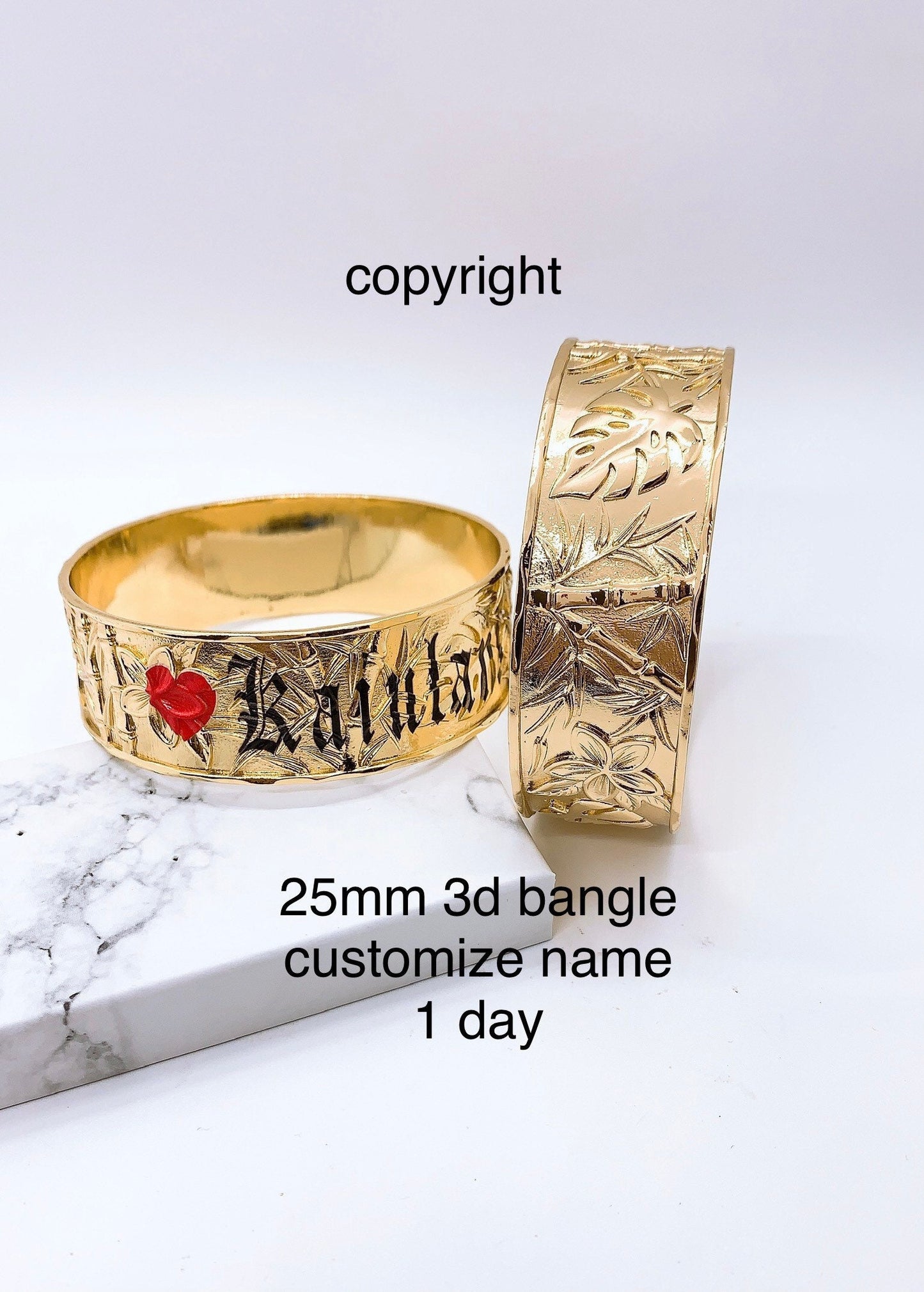 Customize Name 25MM 3D Hawaiian Bamboo Monstera Leaf Plumeria Hibiscus Flower Hamilton Gold Bangle