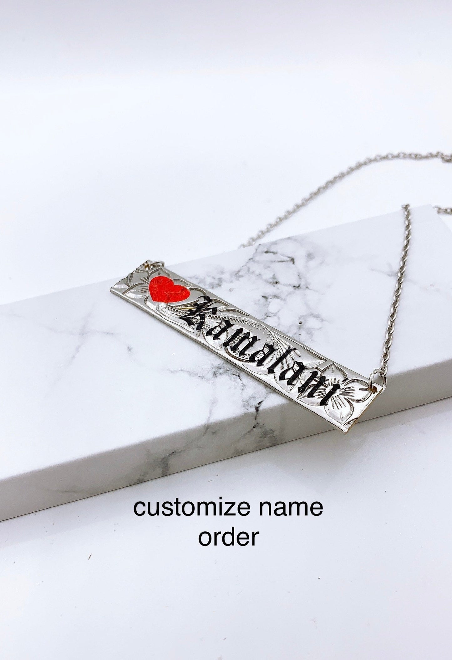 15mm Hawaiian Jewelry Flower Background Personalized Customize Name Plate Necklace : Hamilton Silver color