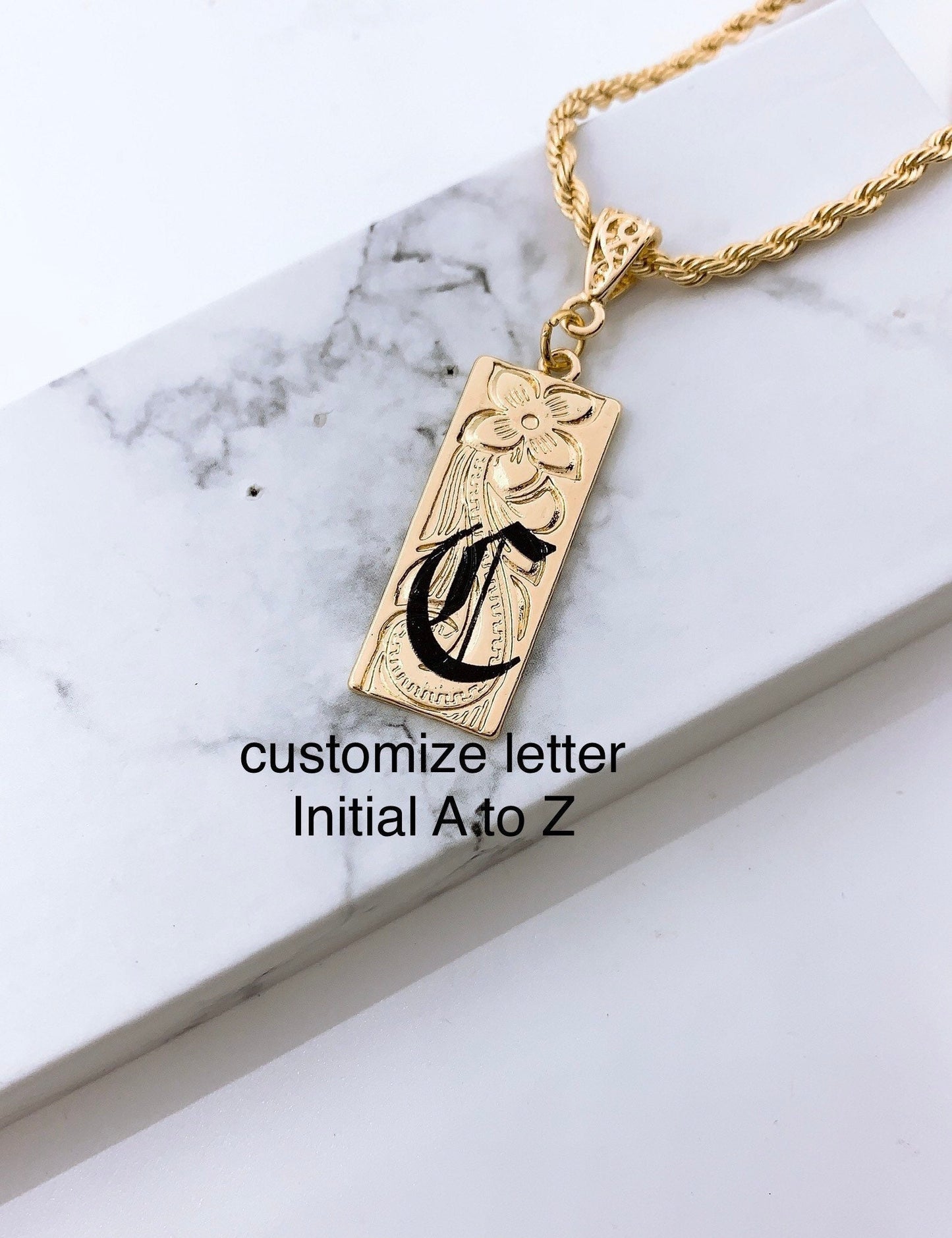 15mm Hawaiian Jewelry Background Personalized Customize Initial Plate Necklace with Rope Chain: Hamilton Gold