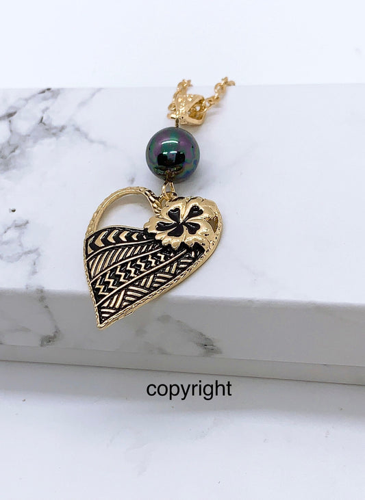 Black Enamel Heart with Tribal Hibiscus Flower: Hamilton Gold Necklace with Shell Pearl