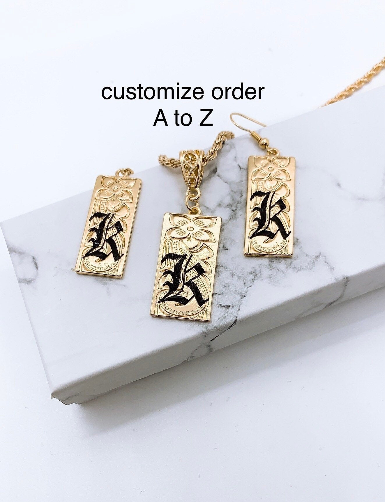 15mm Hawaiian Jewelry Background Personalized Customize Initial Plate Earring and Necklace with Rope Chain Set Hamilton Gold