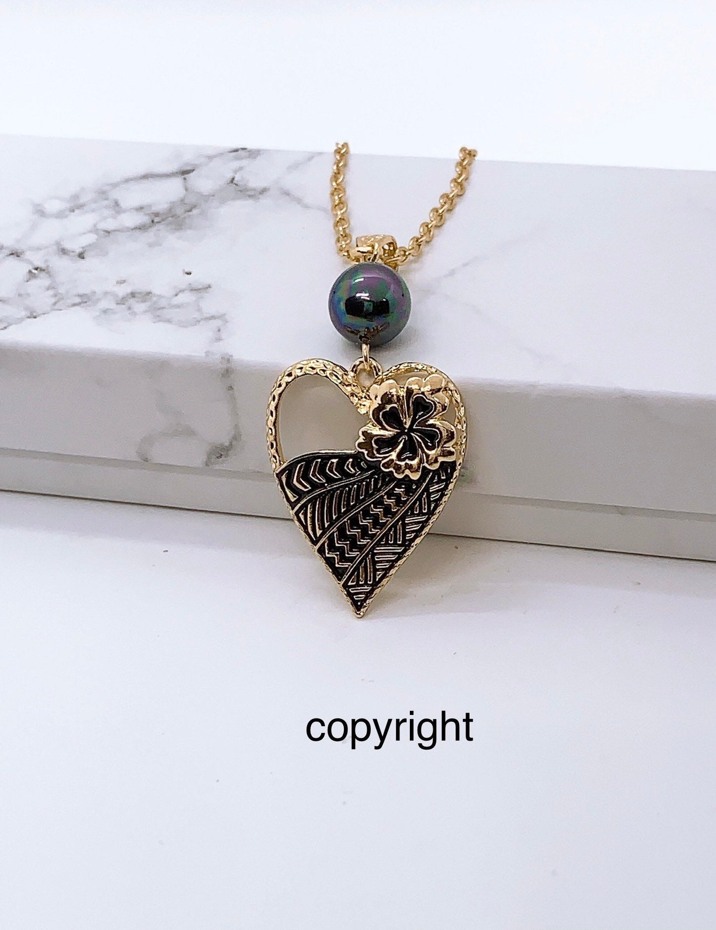 Black Enamel Heart with Tribal Hibiscus Flower: Hamilton Gold Necklace with Shell Pearl