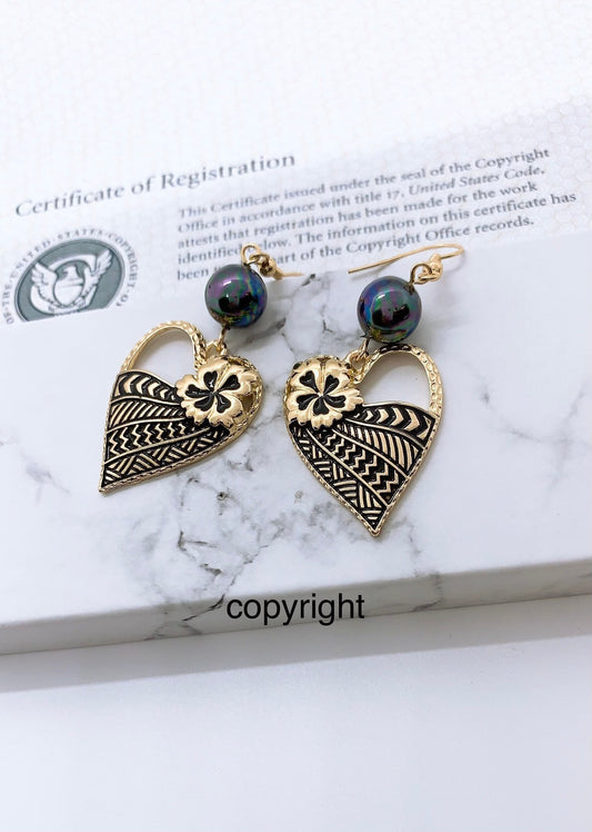 Black Enamel Heart with Tribal Hibiscus Flowers: Hamilton Gold Earring with Shell Pearls