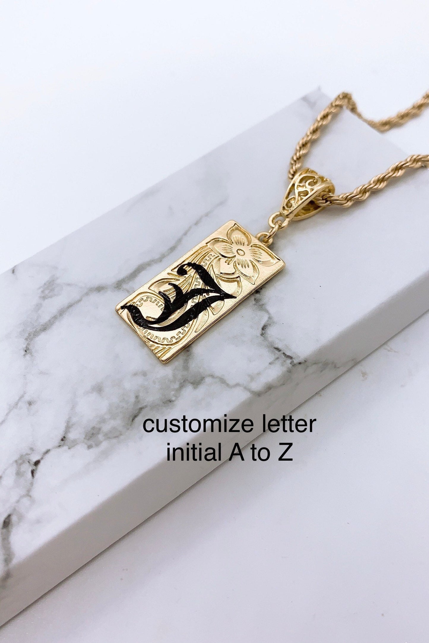 15mm Hawaiian Jewelry Background Personalized Customize Initial Plate Necklace with Rope Chain: Hamilton Gold